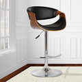 Armen Living Butterfly Adjustable Swivel Barstool in Black Faux Leather with Chrome Finish and Walnut Wood
