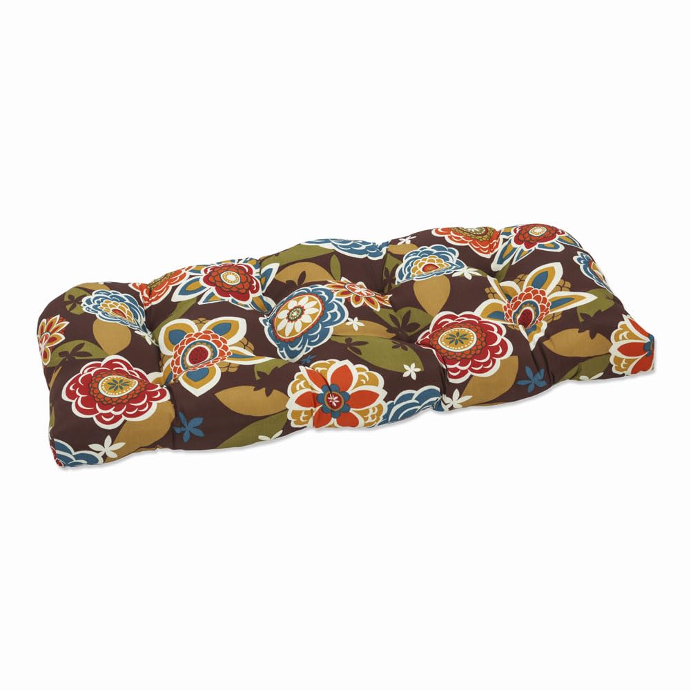 Pillow Perfect Floral Indoor/Outdoor Sofa Setee Swing Cushion, Tufted, Weather, And Fade Resistant, 19' X 44', Brown/Orange An