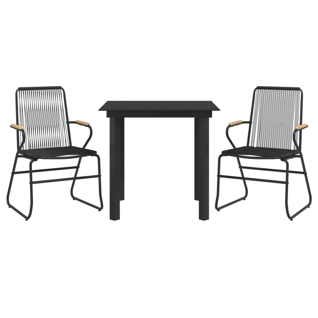 vidaXL 3-Piece Patio Dining Set - Black PVC Rattan with Powder-Coated Steel Frame and Solid Teak Wood - Includes Glass Table and Comfortable Chairs