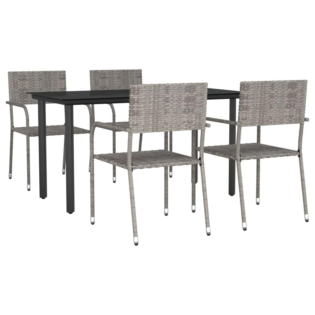 vidaXL 5 Piece Patio Dining Set - Gray/Black Poly Rattan & Steel - Rectangular 55.1x27.6 Tempered Glass Table / 20.1x23.6x34.3 Stackable Chairs