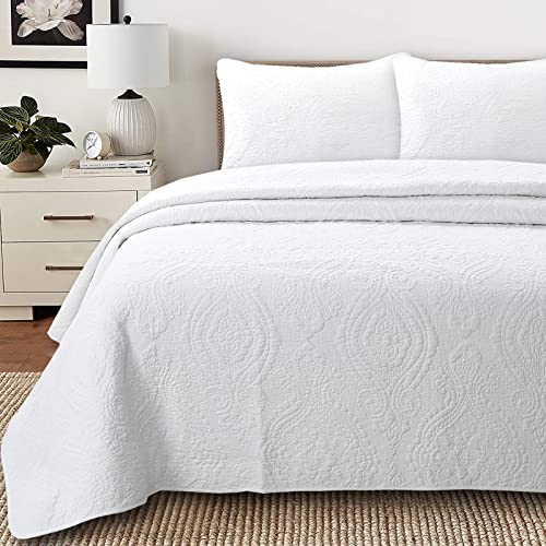 Cozy Line Home Fashions Bailee Matelasse Medallion Solid White 100% Cotton Bedding Quilt Set, Reversible Luxury Chic Bedspread C
