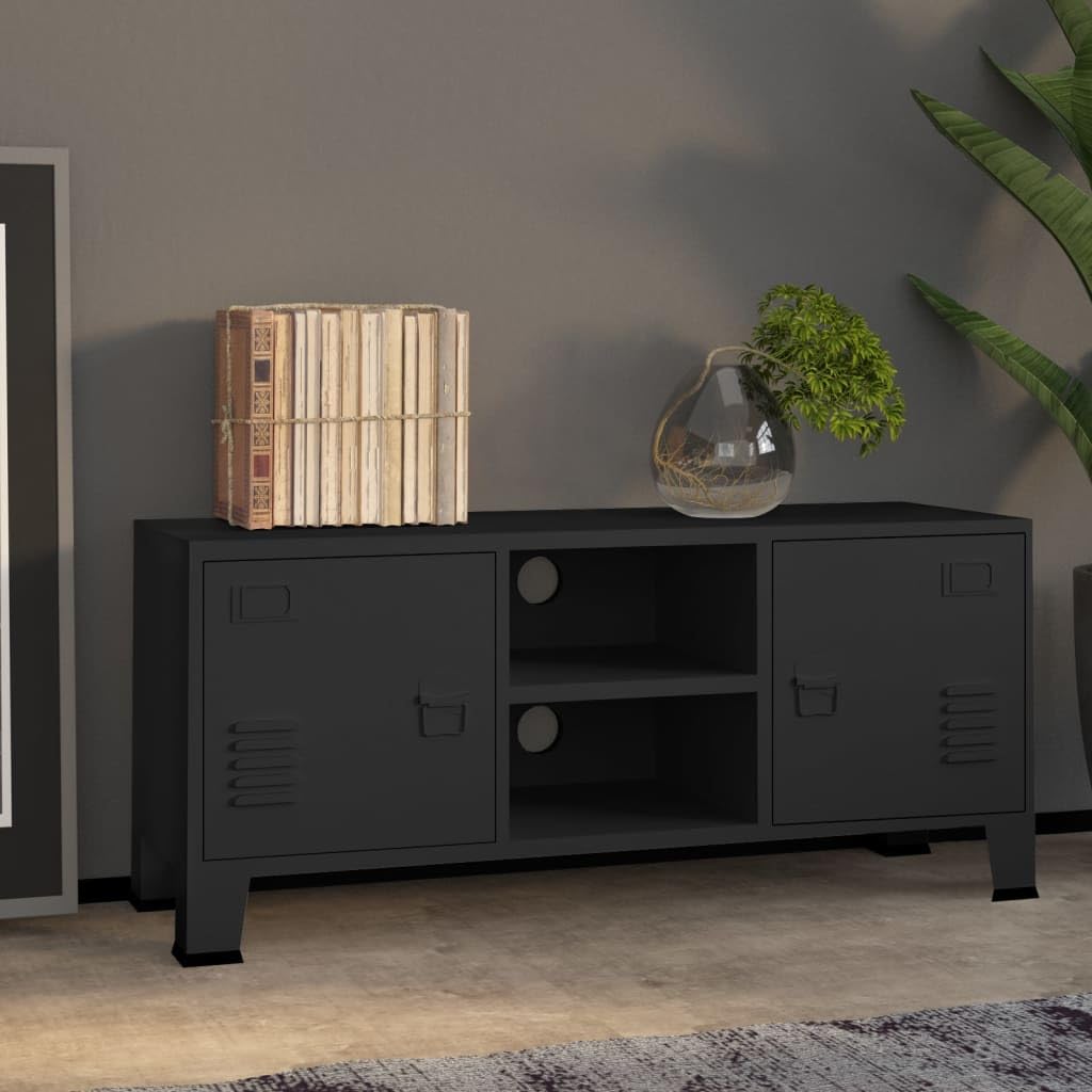 vidaXL Sturdy Metal TV Stand with Storage and Cable Management, Industrial Style Black TV Unit