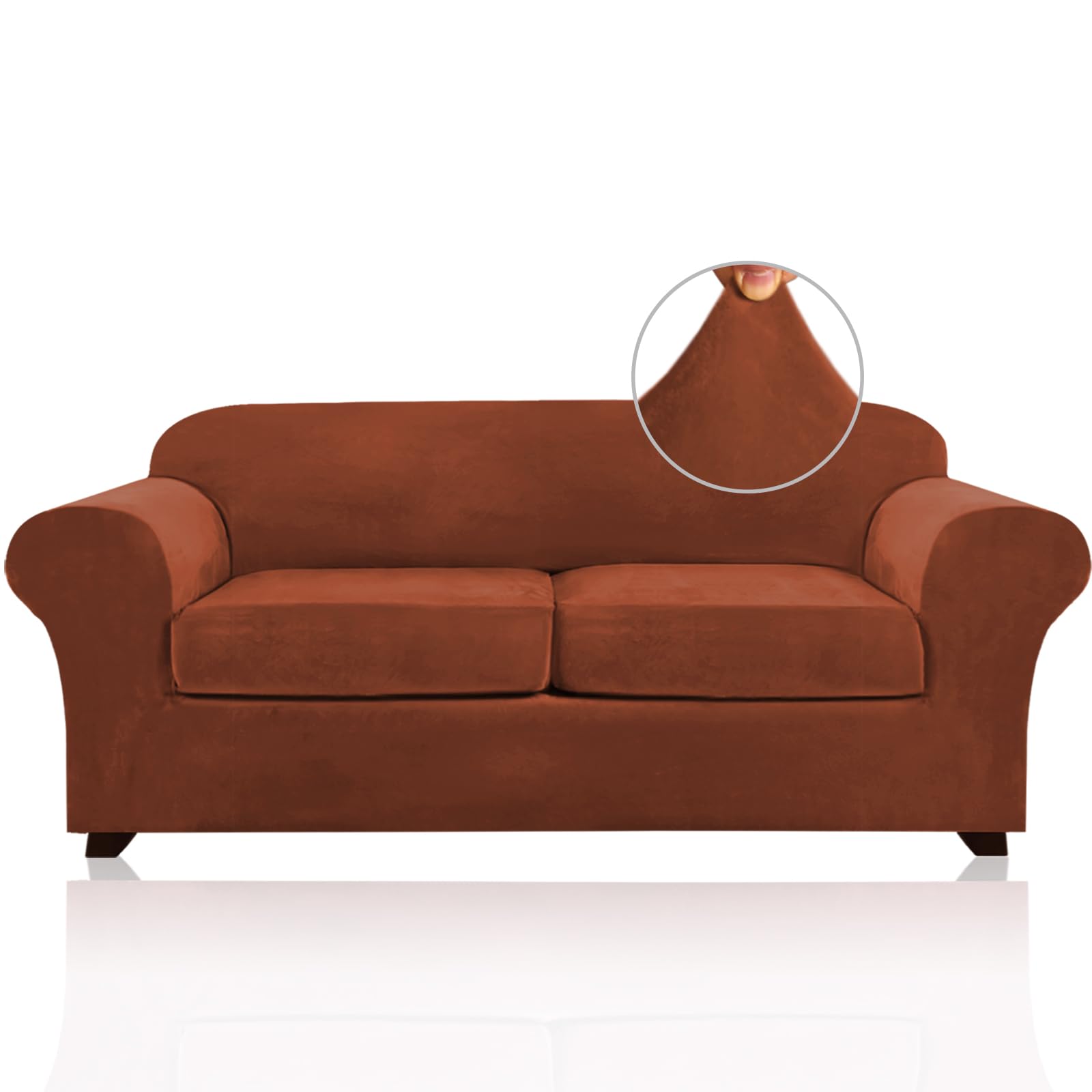 Princedeco 3 Pieces Sofa Covers Velvet Couch Covers For 2 Cushion Sofa Soft Sofa Covers For 2 Cushion Couch Width Up To 90 Inch Feature Thick Soft Stay In Plac(Medium-Large, Rust)