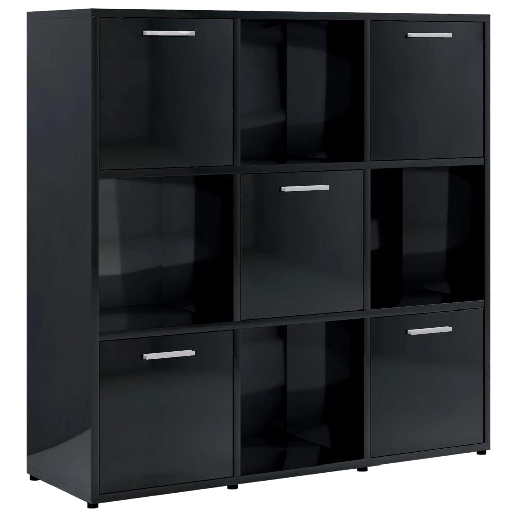 vidaXL Modern High Gloss Black Book Cabinet - Organized Storage with 9 Compartments - Durable Engineered Wood - Easy-to-Clean - Wall Attachment Device Included