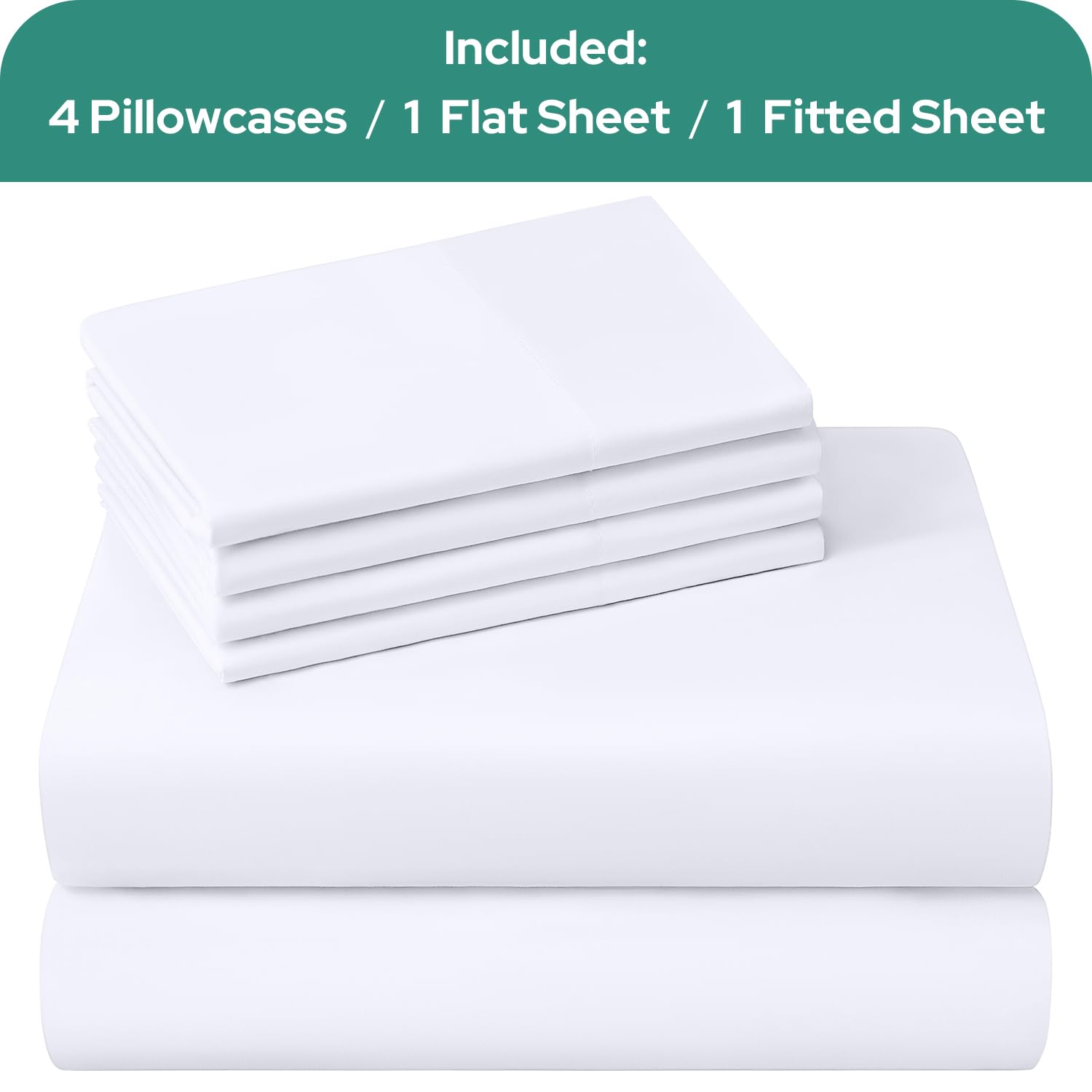 Homeideas Queen Size Bed Sheets - 6 Piece Set (White) - Extra Soft Brushed Microfiber 1800 Bedding Sheets, Deep Pocket, Wrinkle & Fade Free