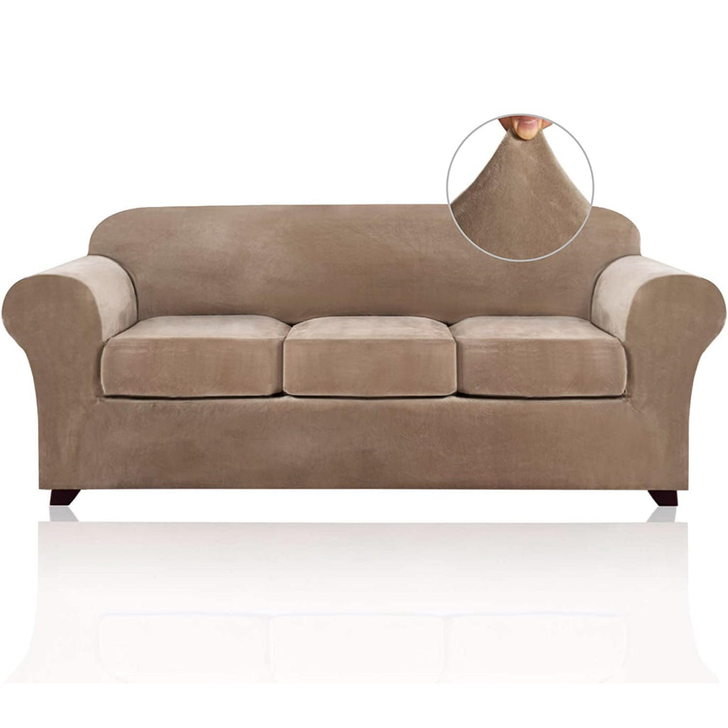 Princedeco 4 Pieces Couch Covers Velvet Couch Covers For 3 Cushion Sofa Soft Furniture Protector With Non Slip Elastic Bottom Washable Couch Covers Width Up To 90 Inch (Large, Camel)