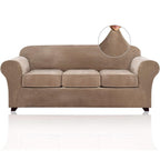 Princedeco 4 Pieces Couch Covers Velvet Couch Covers For 3 Cushion Sofa Soft Furniture Protector With Non Slip Elastic Bottom Washable Couch Covers Width Up To 90 Inch (Large, Camel)