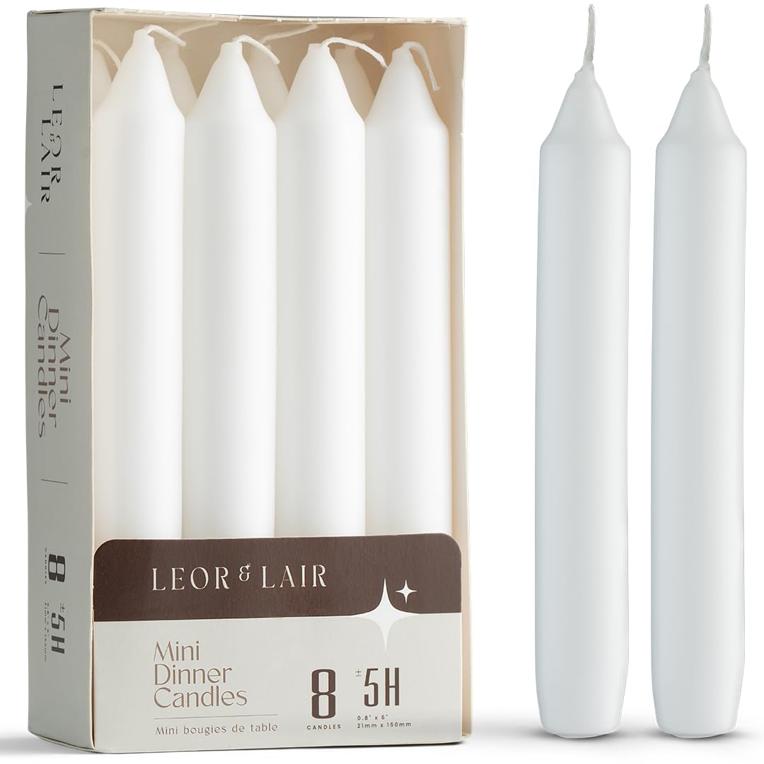 Leor & Lair 6 Inch Short Taper Candles - Pack of 8 White Candlesticks - Unscented Short Candle Sticks with Cotton Wick - 5 Hour 