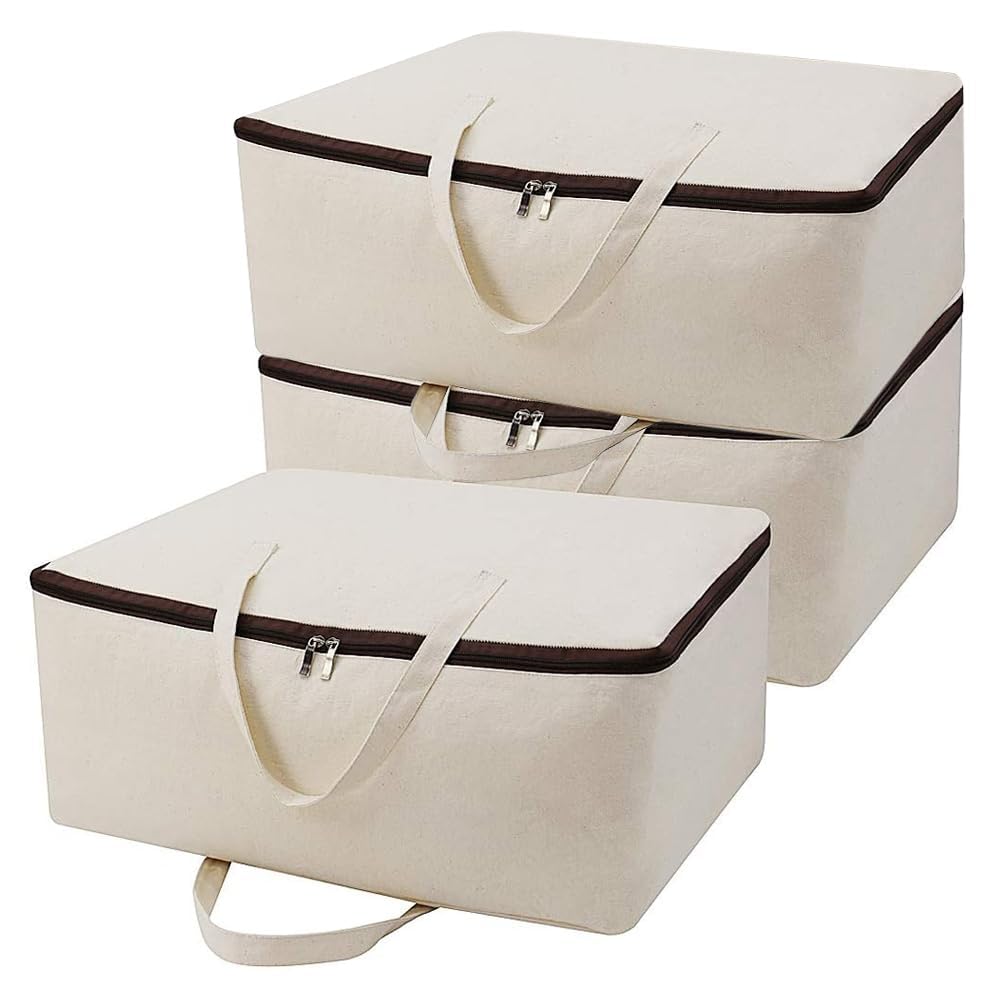 3pcs Cotton Clothes Bedding Storage Organizer Bins with Handles 3side Zip