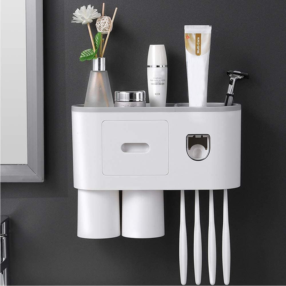 Wall Mounted Toothbrush Holder with Automatic Toothpaste Dispenser & Magnetic Cups | Bathroom Organizer Shelf for Toothbrush, Pa