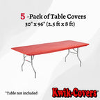 Kwik-Covers Rectangular Plastic Table Covers 8' Bundle Of 5 With Seventy (70) Ohm Commerce Paper Napkins - Indoor Or Outdoor Fitted Table Covers (Table Not Included) (30'X 96' Red)