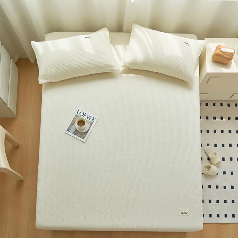 Songlibin Fitted Sheet, Semi Double With Pillowcases, 3Piece Set, 100% Cotton, Waffle Fitted Sheet, Mattress Cover, Breathable,