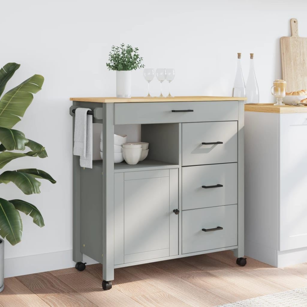 vidaXL Solid Pine Wood Kitchen Trolley - Gray and Honey Wax Finish, Rolling Cart with Storage, 4 Drawers, 1 Door, Side Hooks, Versatile for Living Room/Bathroom, 33.1” L