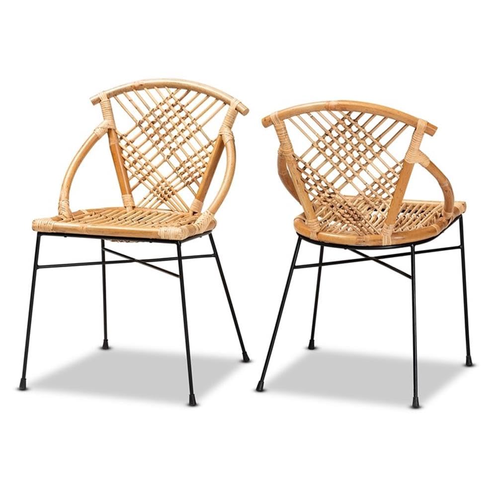 Baxton Studio Pro Modern Bohemian Natural Brown Rattan and Black Metal 2-Piece Dining Chair Set