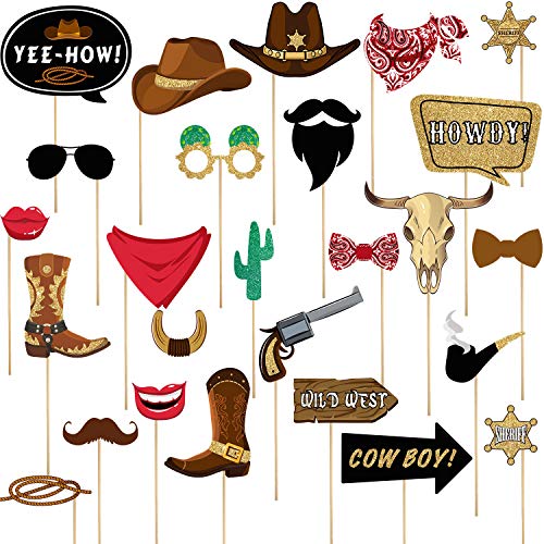 Blulu 26 Pieces West Cowboy Photo Booth Props Kit, Cowgirl Western Party Decorations Selfie Props for Western Cowboy Theme Party