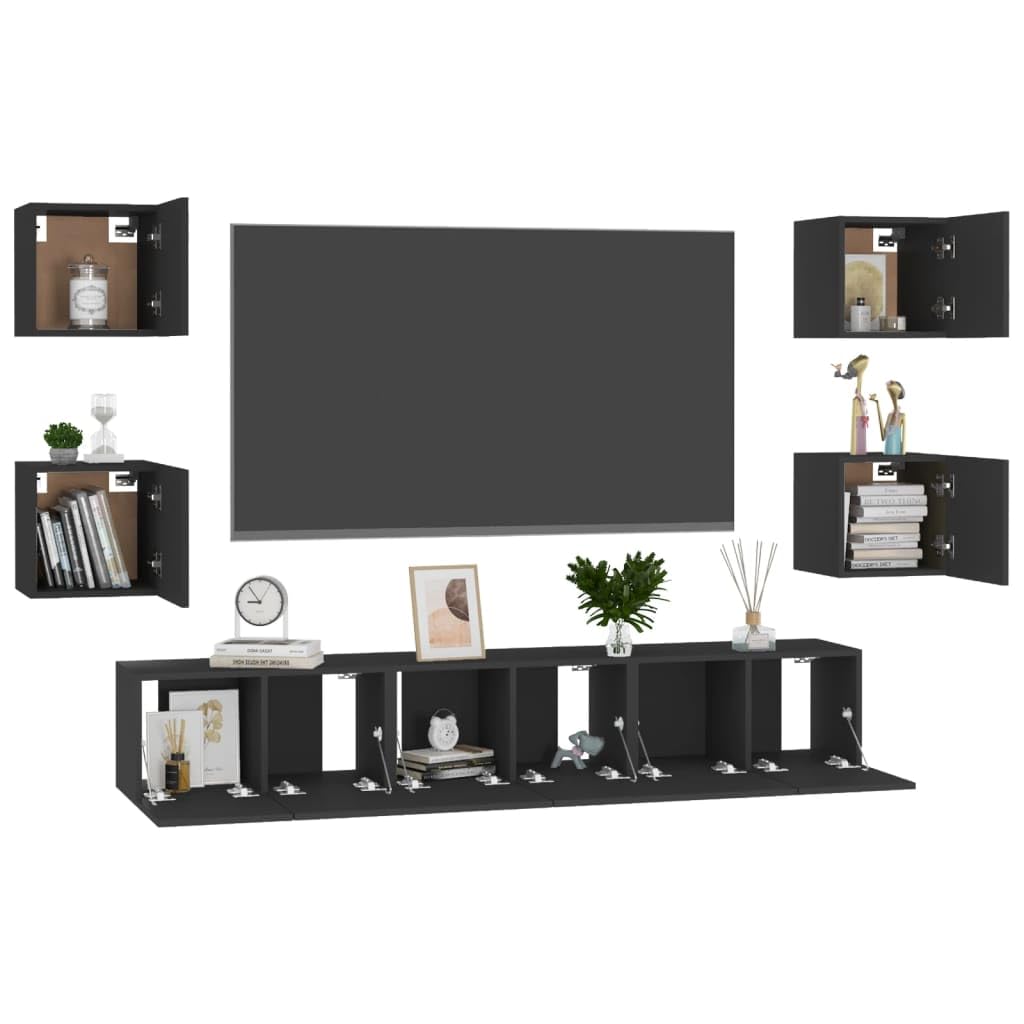 vidaXL TV Cabinet Set 7 Piece Home Indoor Living Room Entertainment Center Stereo HiFi Cabinet Media Unit Furniture Black Engineered Wood