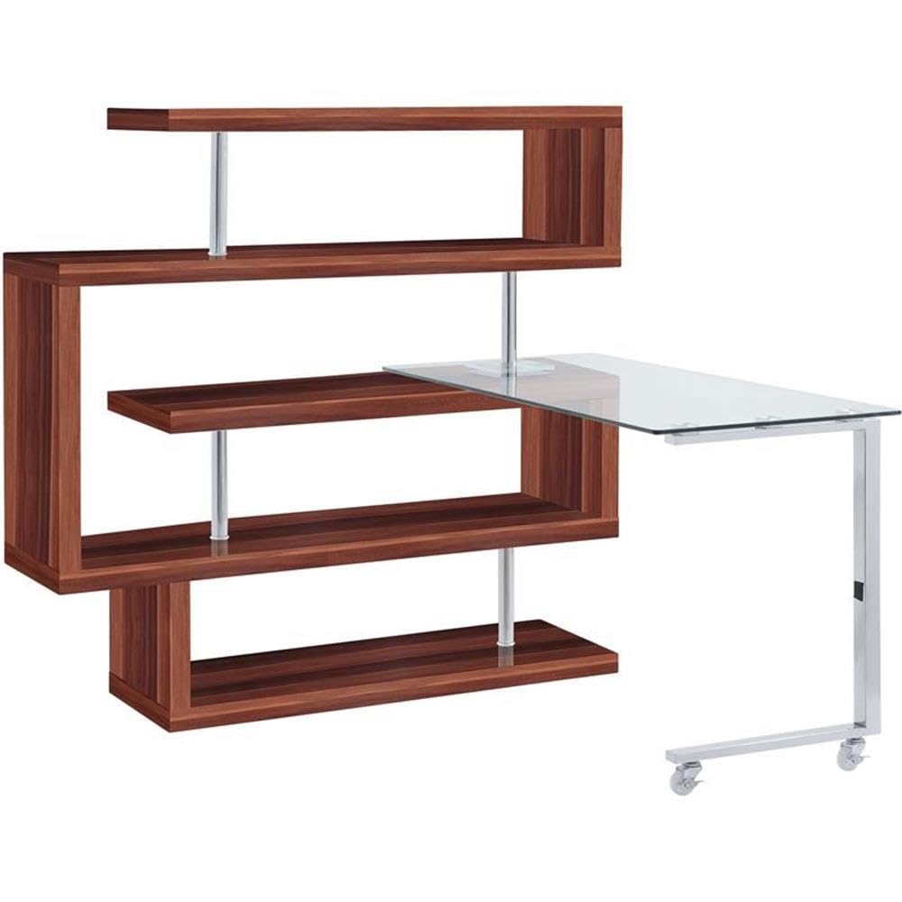 Acme Buck II Glass Top Writing Desk in Chrome and Walnut High Gloss