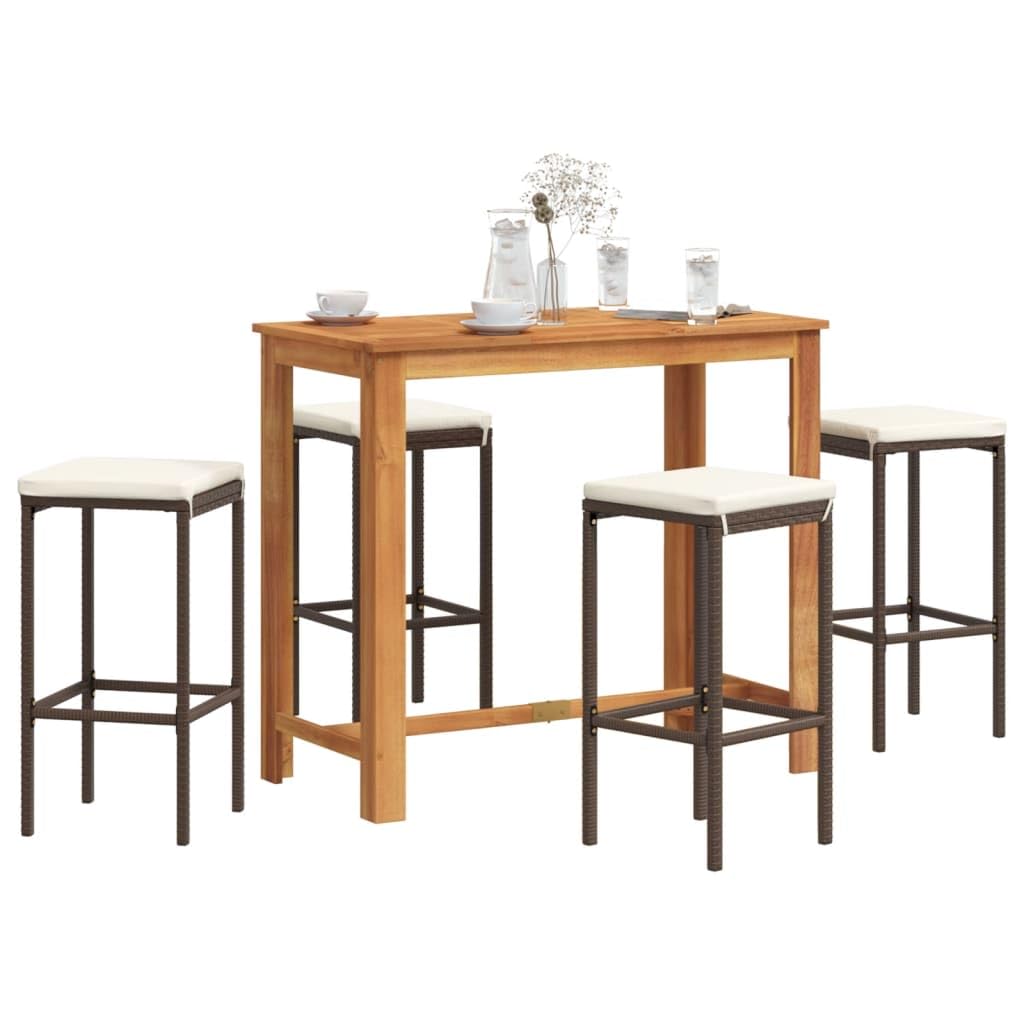 vidaXL 5-Piece Patio Bar Set - Acacia Wood Table & Poly Rattan Bar Stools with Cushions, Brown/Cream for Outdoor Dining