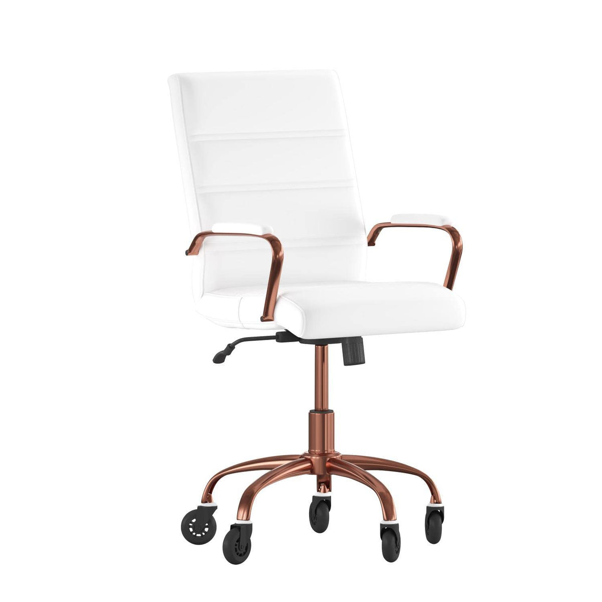 Flash Furniture Camilia Mid-Back Executive Swivel Office Chair With Rose Gold Frame, Arms, And Transparent Roller Wheels, 24&Quot;, White Leathersoft