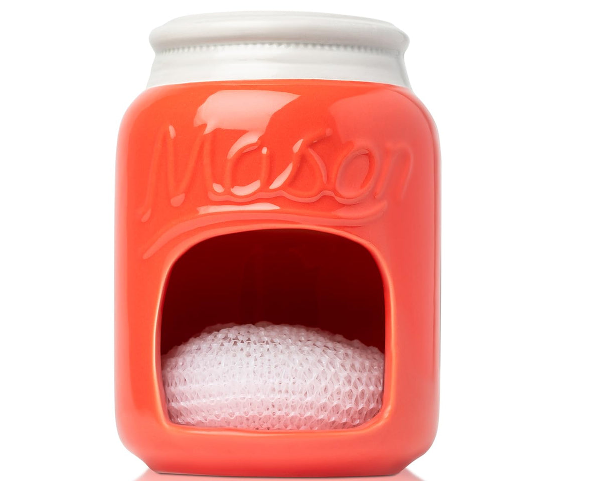 Comfify Coral Mason Jar Ceramic Sponge Holder  Farmhouse Sink Caddy