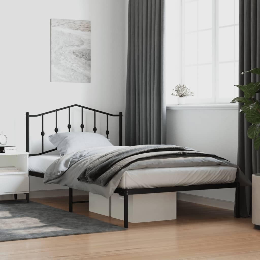 vidaXL Black Metal Bed Frame with Superb Back Supporting Headboard - Versatile Design for Modern Interiors - 39.4"x78.7" Size - Sturdy Steel Construction