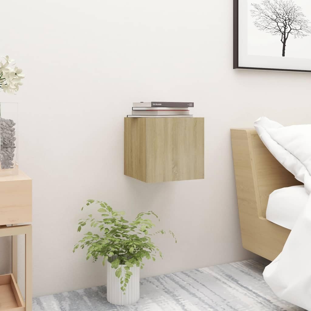 vidaXL Bedside Cabinet - Wall-Mounted, Sonoma Oak, Flexi-Door Design, Spacious Storage, Easy to Clean, 12&quot;x11.8&quot;x11.8&quot; Engineered Wood