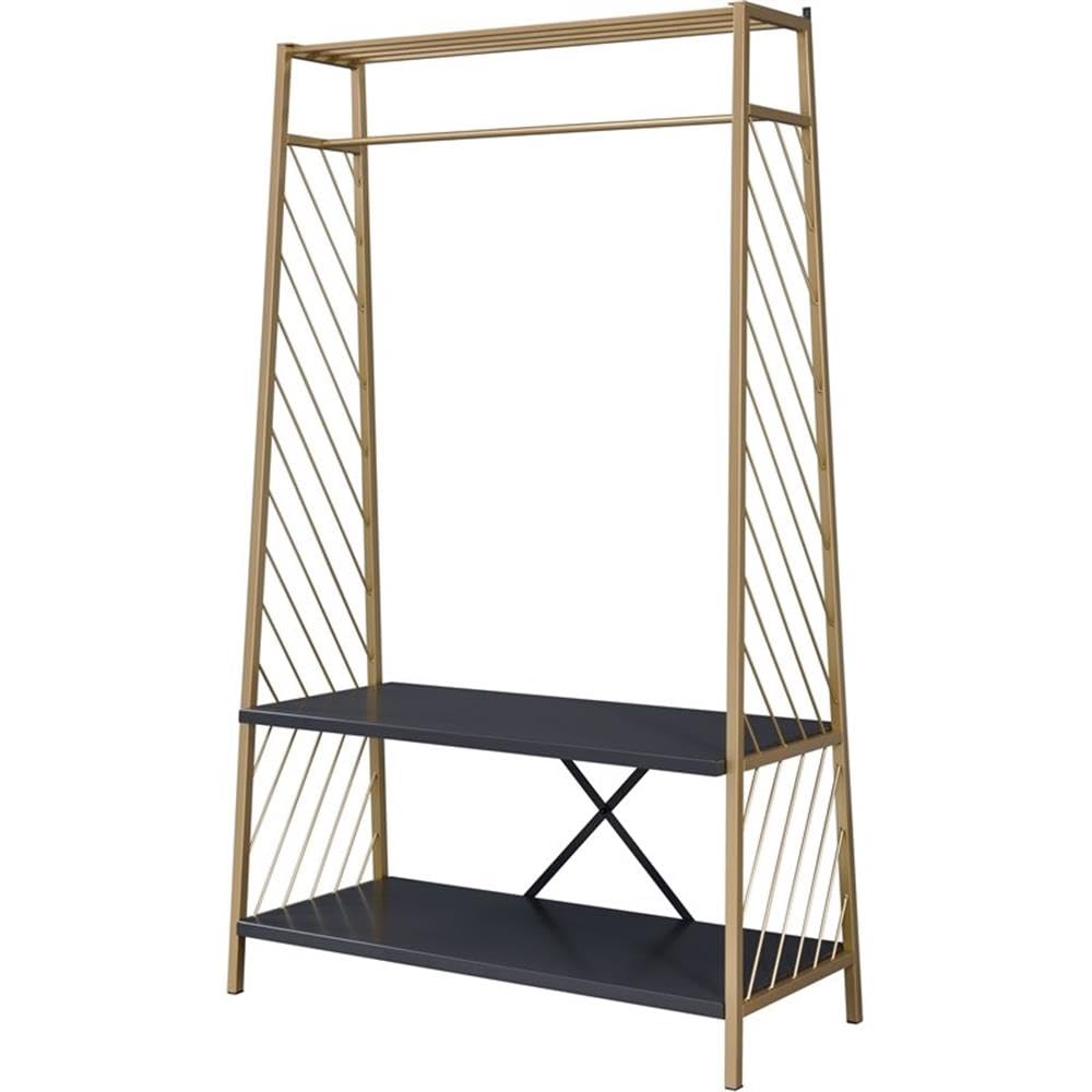 Acme Pahor Trapezoid Metal Hall Tree With 2 Tier Shelves In Gold And Black