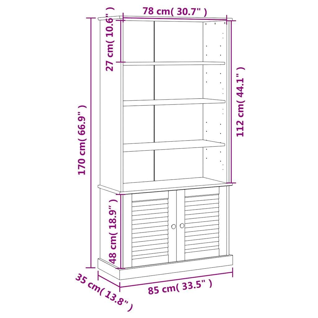 vidaXL VIGO White Solid Pine Wood Bookcase Storage with Doors - Freestanding Bookshelf for Living Room/Bedroom/Home Office