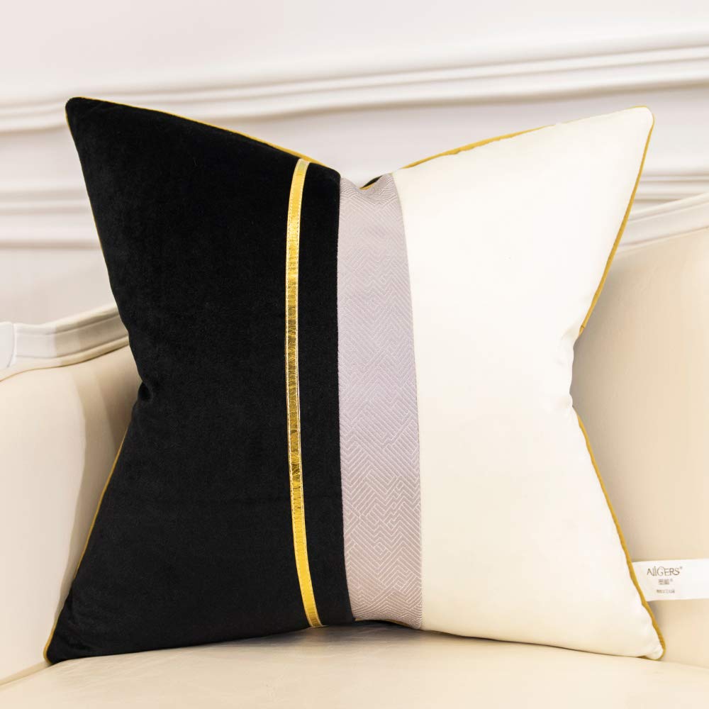 Avigers 18 X 18 Inches Black White Gold Leather Striped Patchwork Velvet Cushion Case Luxury Modern Throw Pillow Cover Decorativ
