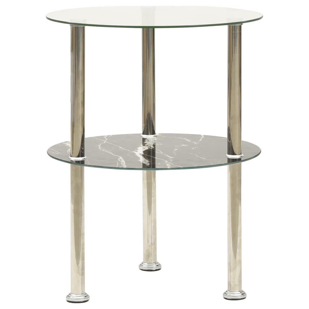 vidaXL Modern 2-Tier Side Table 15" - Transparent & Black Marble, Tempered Glass with Rough Grinding Finish, Versatile Furniture for Living Room