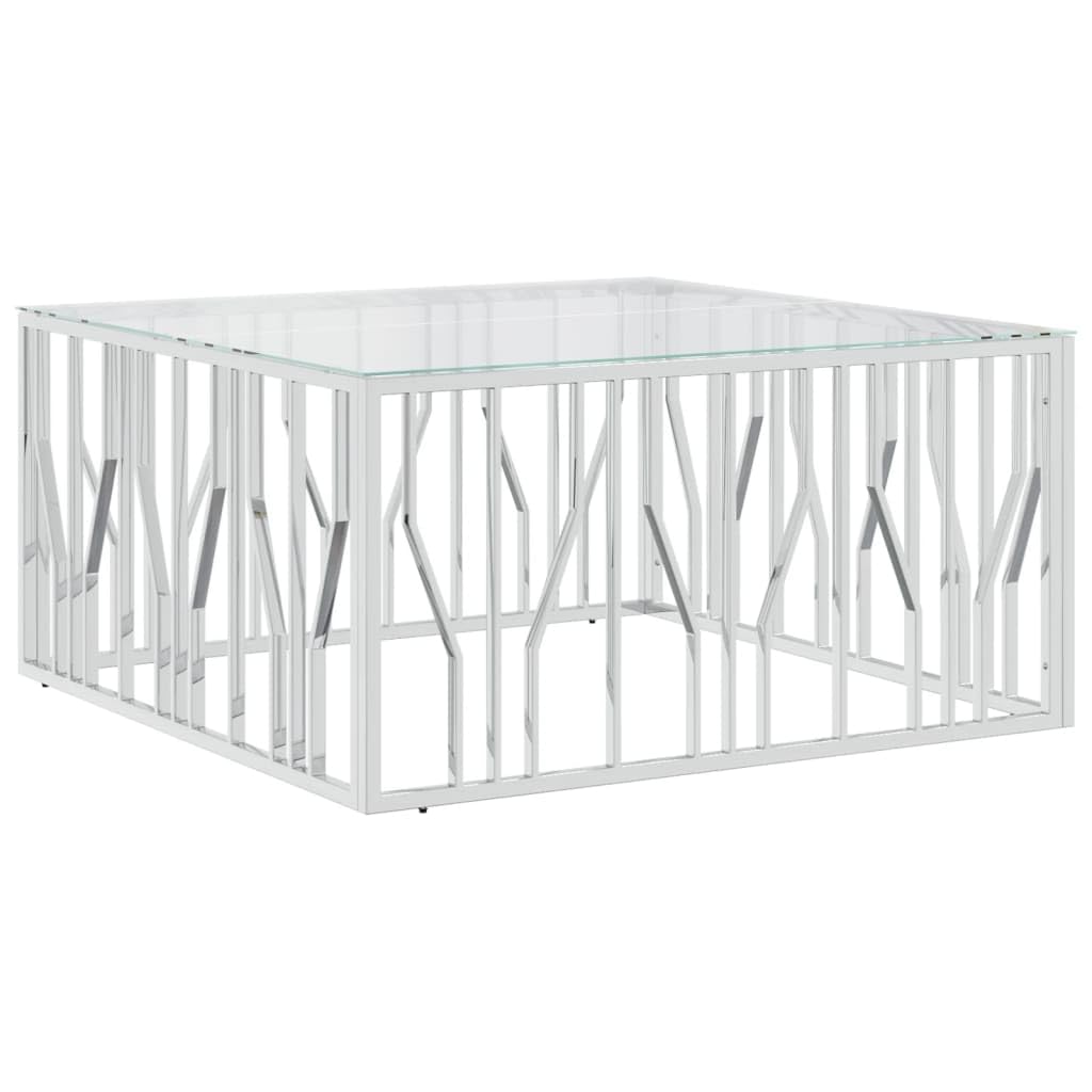 vidaXL Stainless Steel & Tempered Glass Coffee Table - Modern Silver Square Side Table for Living Room, Easy Clean 39.4"x39.4"x19.7"