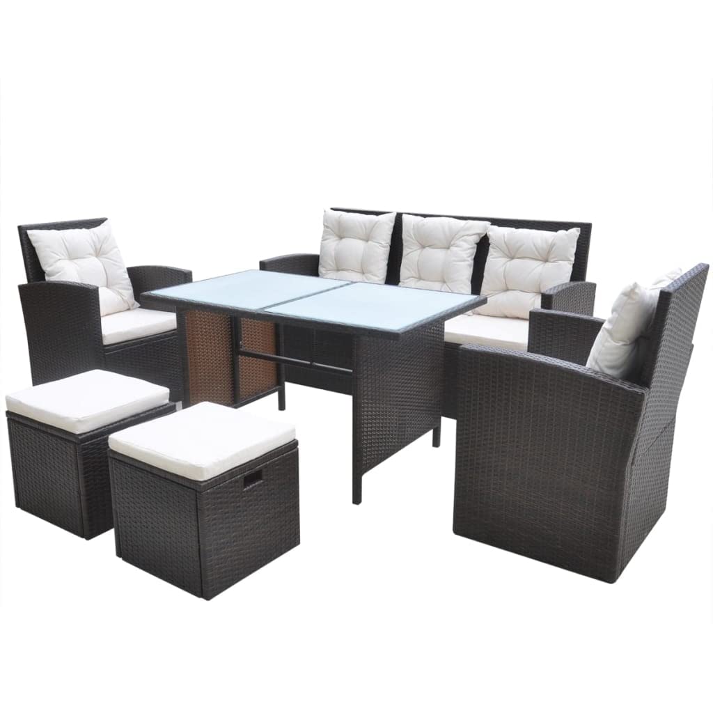 vidaXL Patio Furniture Set 6 Piece, Dining Table Set with Glass Tabletop, Rattan Chairs with Cushions, Outdoor Furniture Set, Poly Rattan Brown