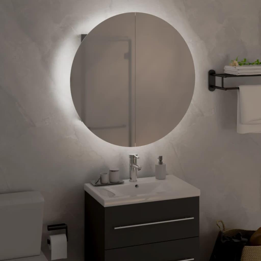 vidaXL Bathroom Cabinet with LED Light and Round Mirror | Moisture-Resistant Engineered Wood | Ample Storage Space | Modern Gray Design