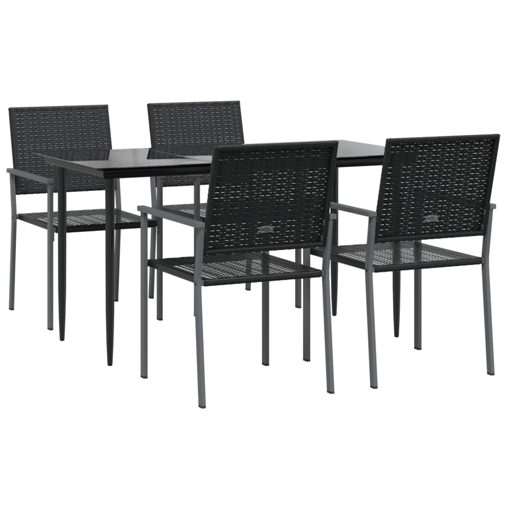 vidaXL 5 Piece Outdoor Dining Set with Armrests - PE Rattan and Steel - Weather-Resistant, Black, Tempered Glass Top Table, Suitable for Garden, Patio