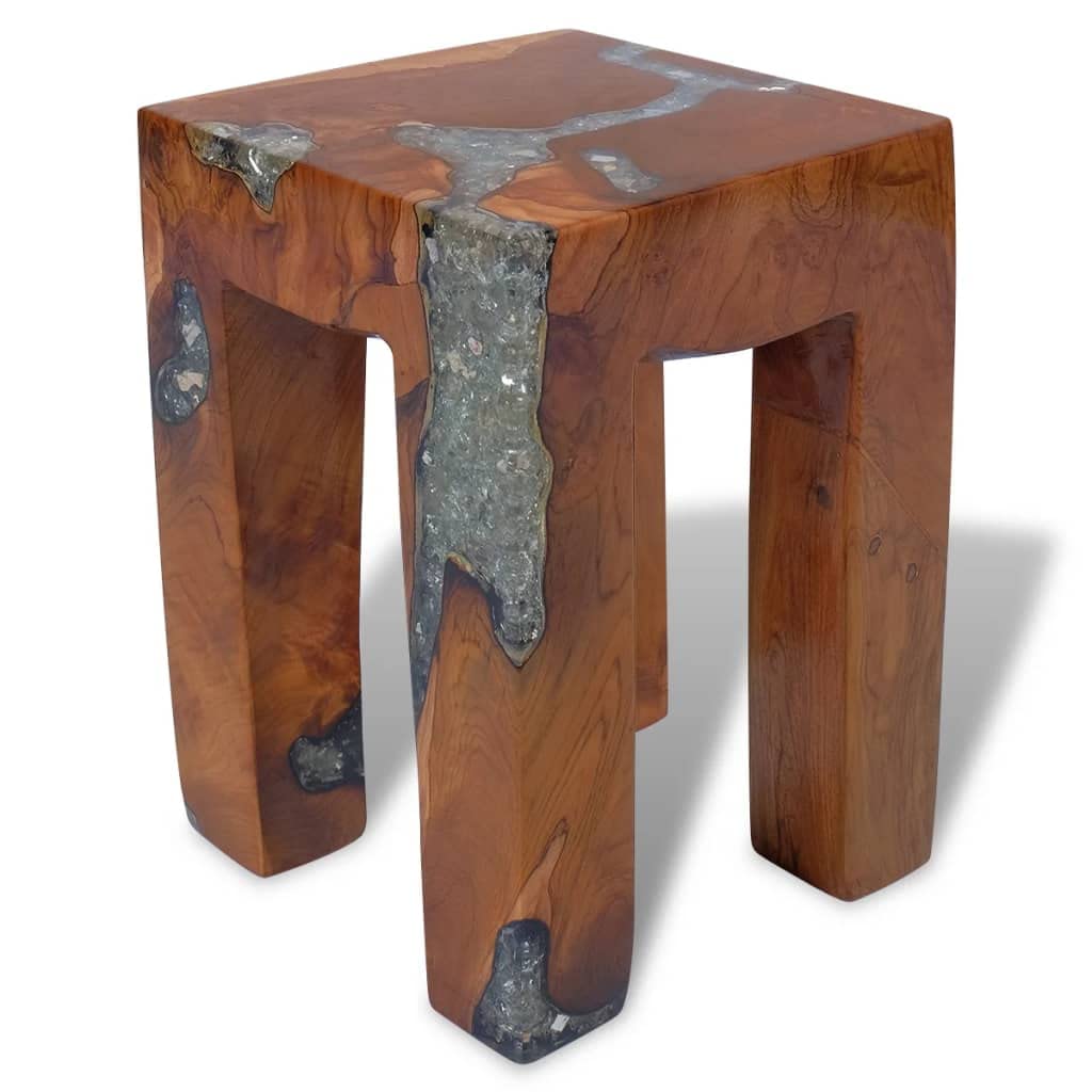 vidaXL Handmade Multi-Use Stool: Solid Teak Wood & Transparent Resin with Crushed Glass, Rustic Artistic Blend, Durable and Stable, Ideal Home Decor Piece, Dimensions 11.8&quot;x11.8&quot;x15.7&quot;