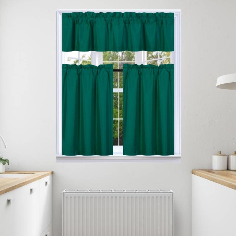 3Pc Set Solid Faux Silk Lined Blackout Rod Pocket Small Kitchen Window Curtain With Valance (K3) (Hunter Green)
