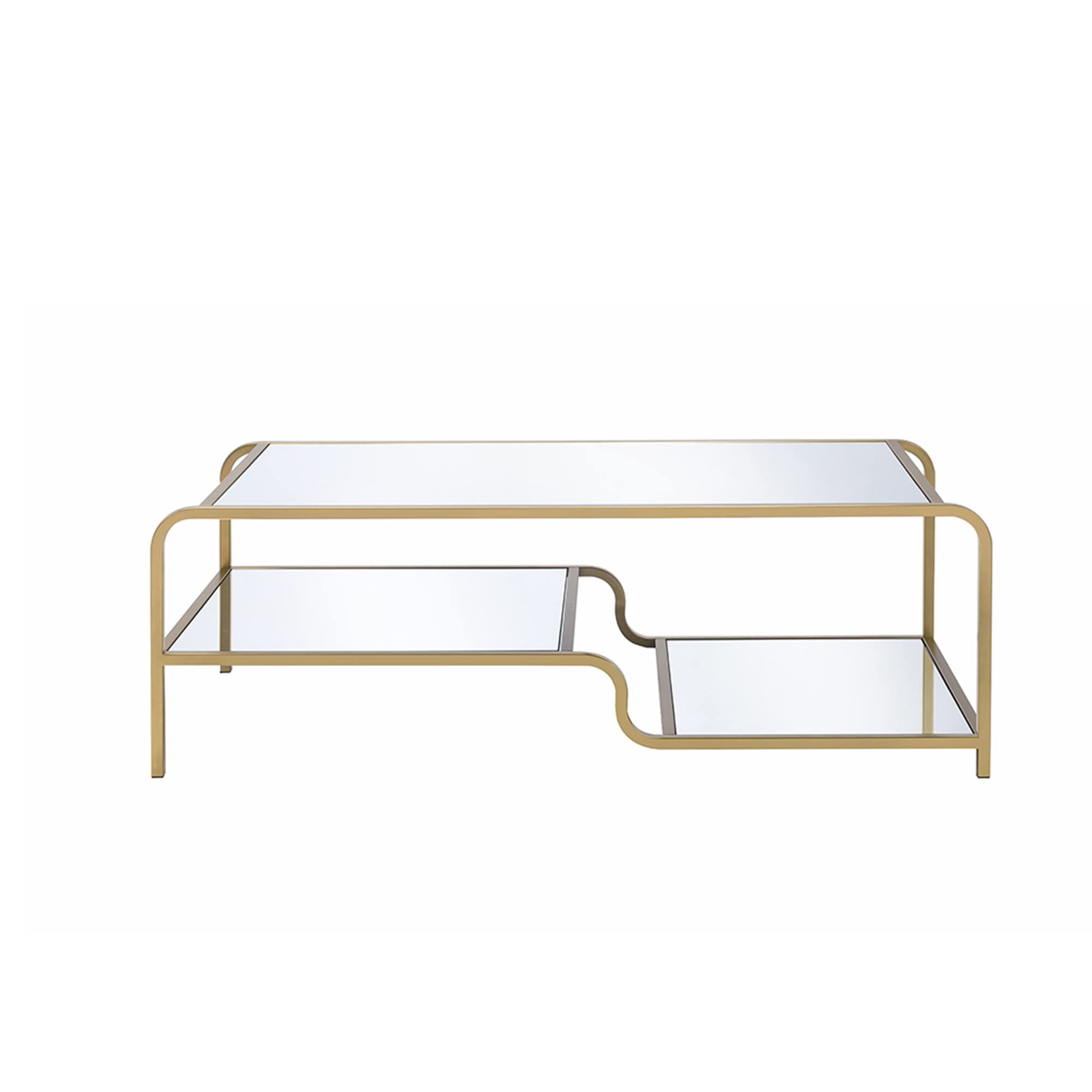 Benjara Mirror Coffee Table With Tiered Shelves, Gold, Clear