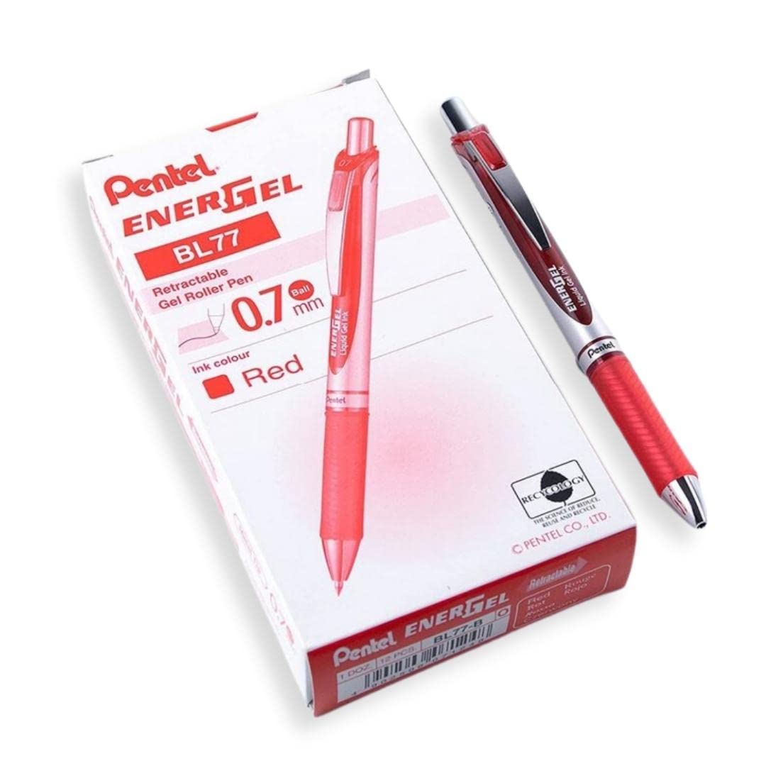 Pentel Bl77-Bo Energel Xm Retractable Gel Pen With 0.7 Mm Tip, 0.35 Mm Line Width - Red, Pack Of 12