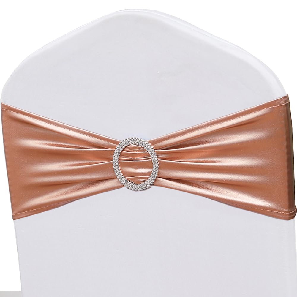 Zsjfmf 50Pcs Spandex Rose Gold Chair Sashes For Wedding Stretch Chair Bands With Buckles Universal Elastic Chair Ties Bows For P