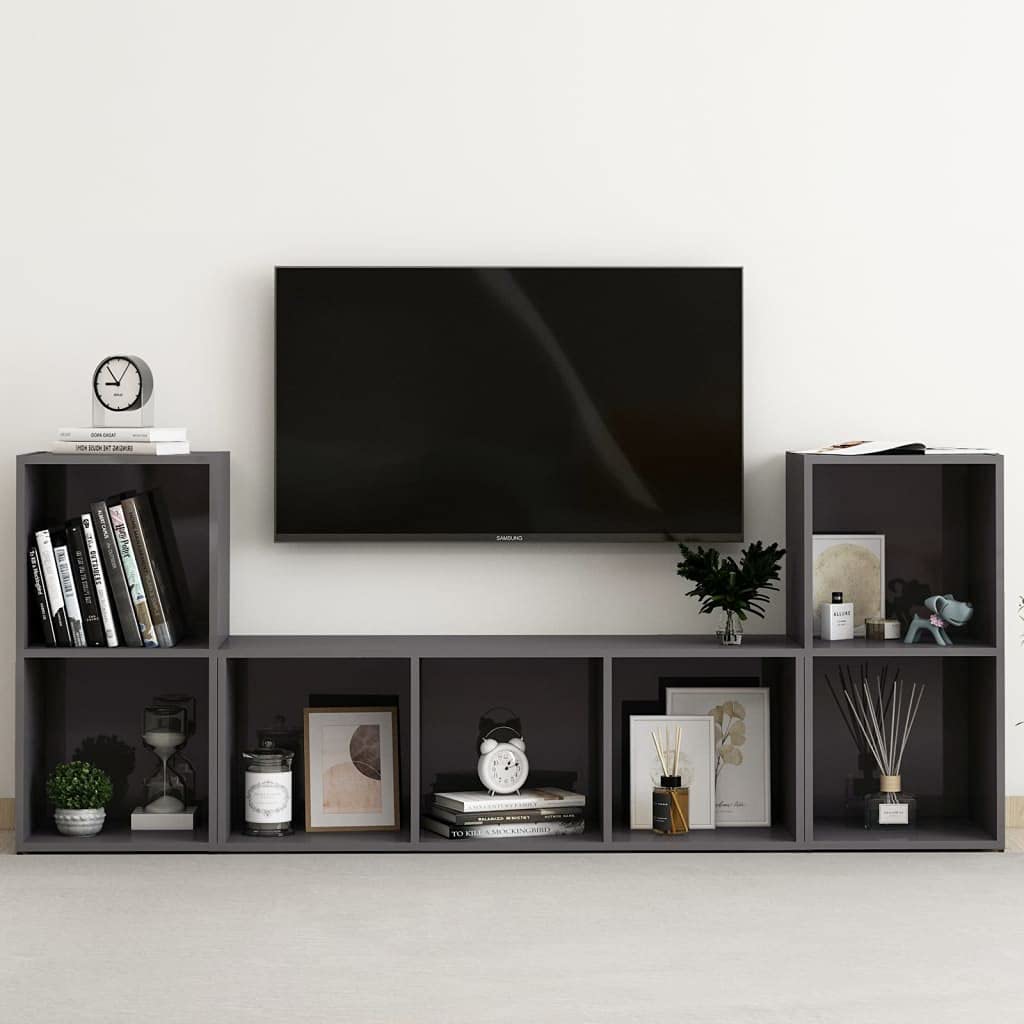 vidaXL TV Stand Set 3 Piece, TV Stand for Living Room, Sideboard with Storage, Media Unit Cupboard, Modern, High Gloss Gray Engineered Wood