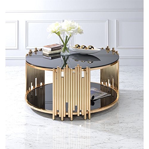 Acme Tanquin Modern Round Glass Top Coffee Table in Black and Gold