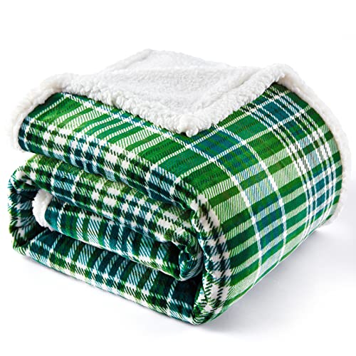 Touchat Sherpa Plaid Throw Blanket(60' X 70', Plaid Green), Fuzzy Fluffy Cozy Soft Blanket, Fleece Flannel Plush Twin Size Mic
