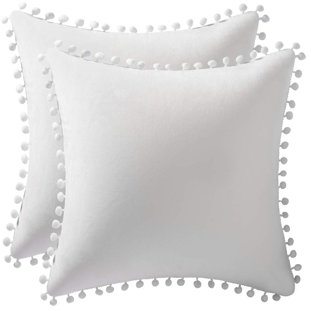 Dezene Decorative Pillow Cases 20X20 Off-White: 2 Pack Cozy Soft Pom-Poms Velvet Square Throw Pillow Covers For Farmhouse Home D