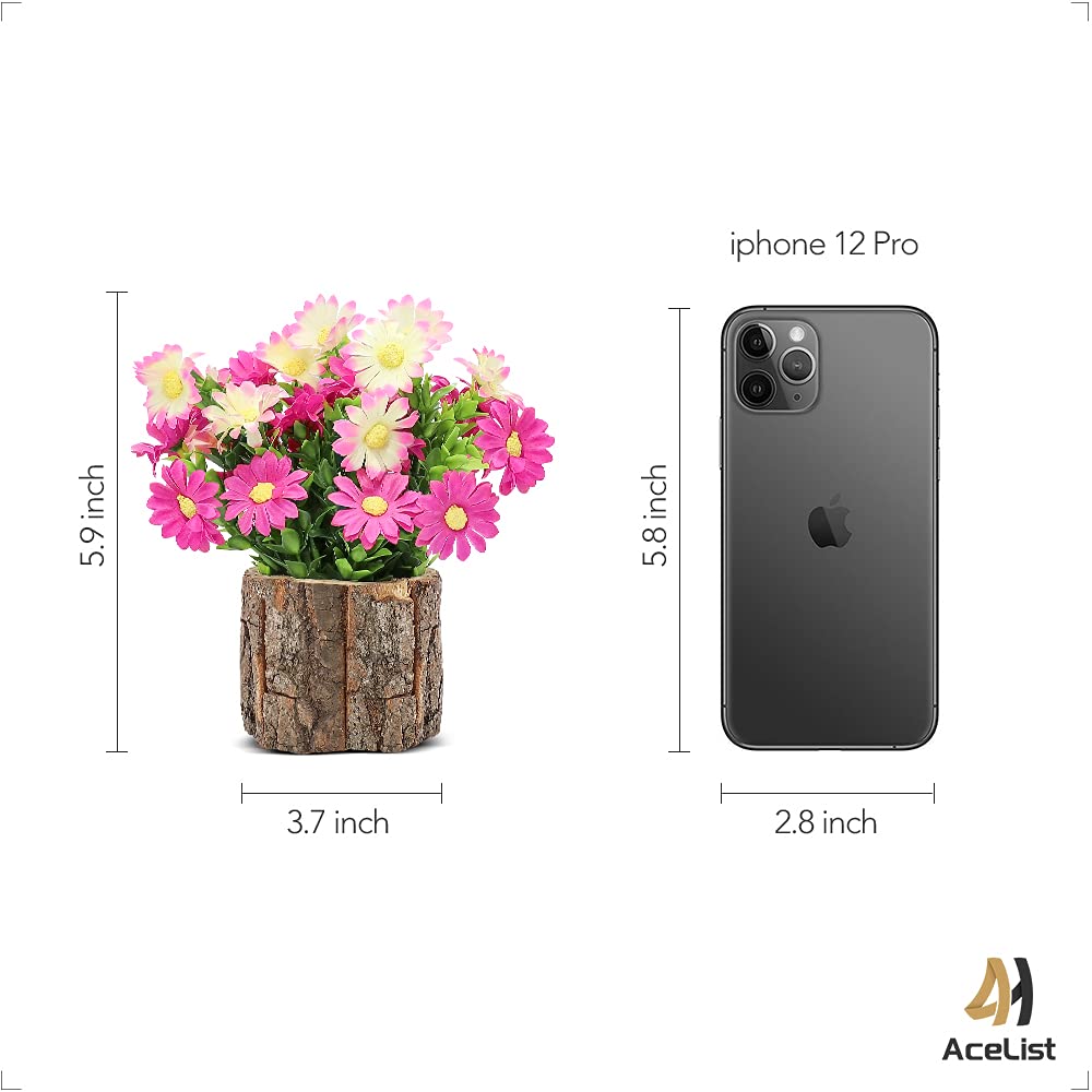 Acelist Artificial Flowers Fake Daisy For Decoration, Small Potted Plants In Log Planters, Pink Daisies Table Centerpieces For M