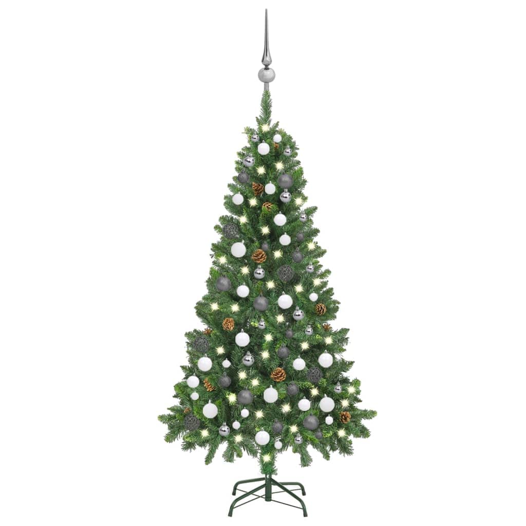 Vidaxl 59.1&quot; Artificial Christmas Tree With Built-In Leds, Glittering Pine Cones, And Ornament Ball Set In Shiny White And Gray - Mimicked Pine Tree Appearance - Energy Efficient