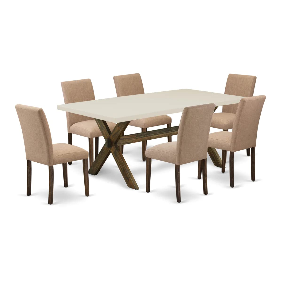 East West Furniture X727Ab747-7 X-Style 7 Piece Room Furniture Set Consist Of A Rectangle Dining Table With X-Legs And 6 Light Sable Linen Fabric Parson Chairs, 40X72 Inch, Multi-Color