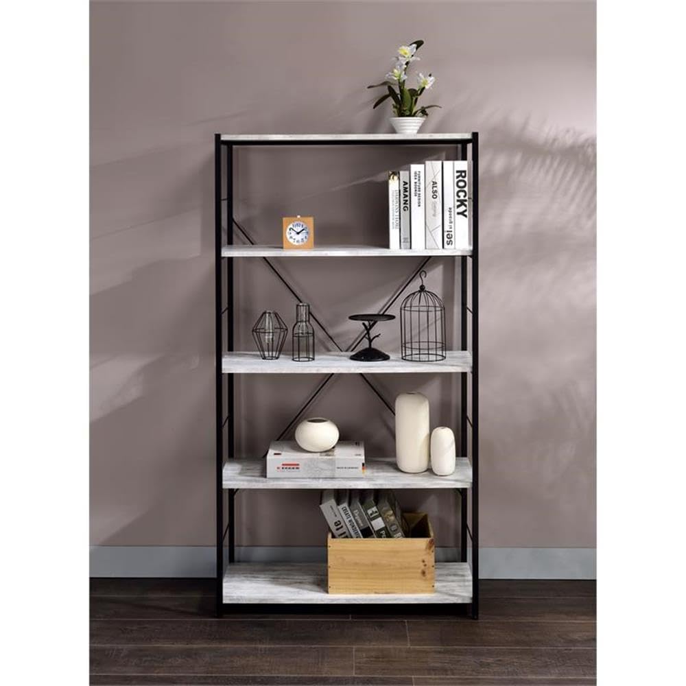 Acme Tesadea 5 Wooden Shelves Rectangular Bookshelf in Antique White and Black