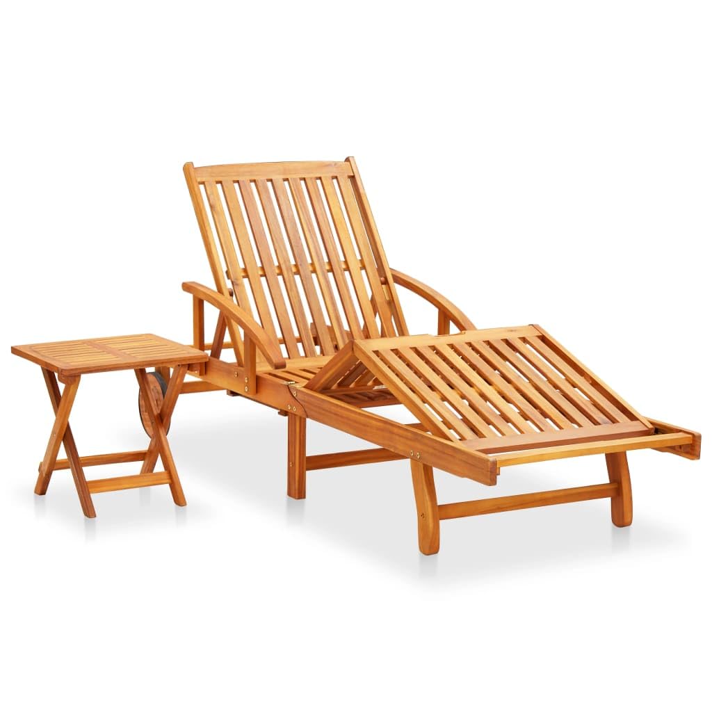 vidaXL Solid Acacia Wood Patio Sun Lounger with Table and Adjustable Backrest/Footrest - Thumbnail 5