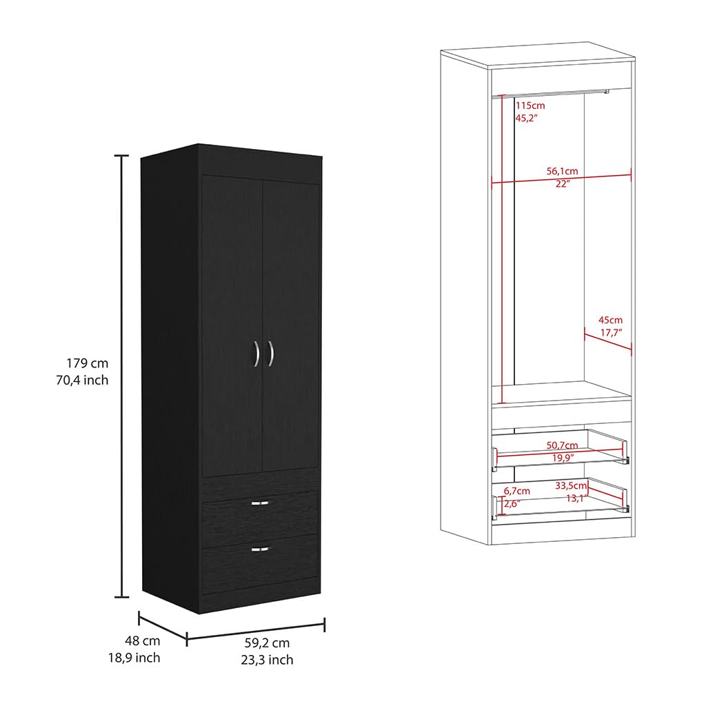 Armoire Tarento,Armoire, Two Drawers, Black- Bedroom