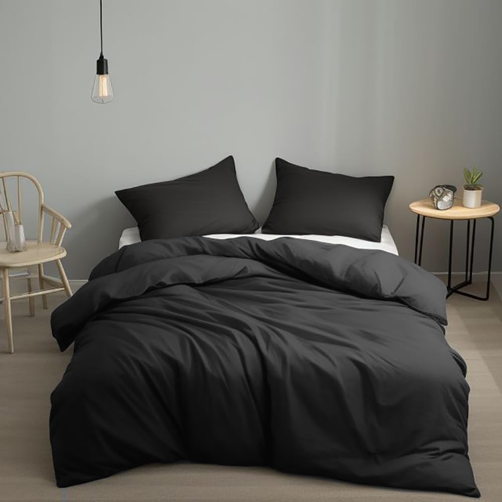 Houseri Black Comforter Full Size All Season 3 Pieces Pure Black Bedding Set Full Lightweight Plain Black Comforter for Teen Boy